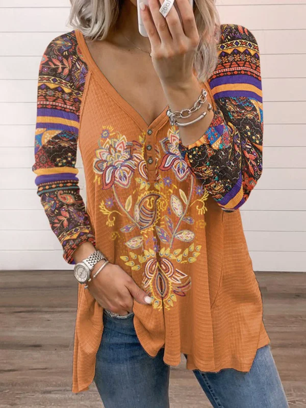Long-sleeved V-neck Paisley Print Shirt