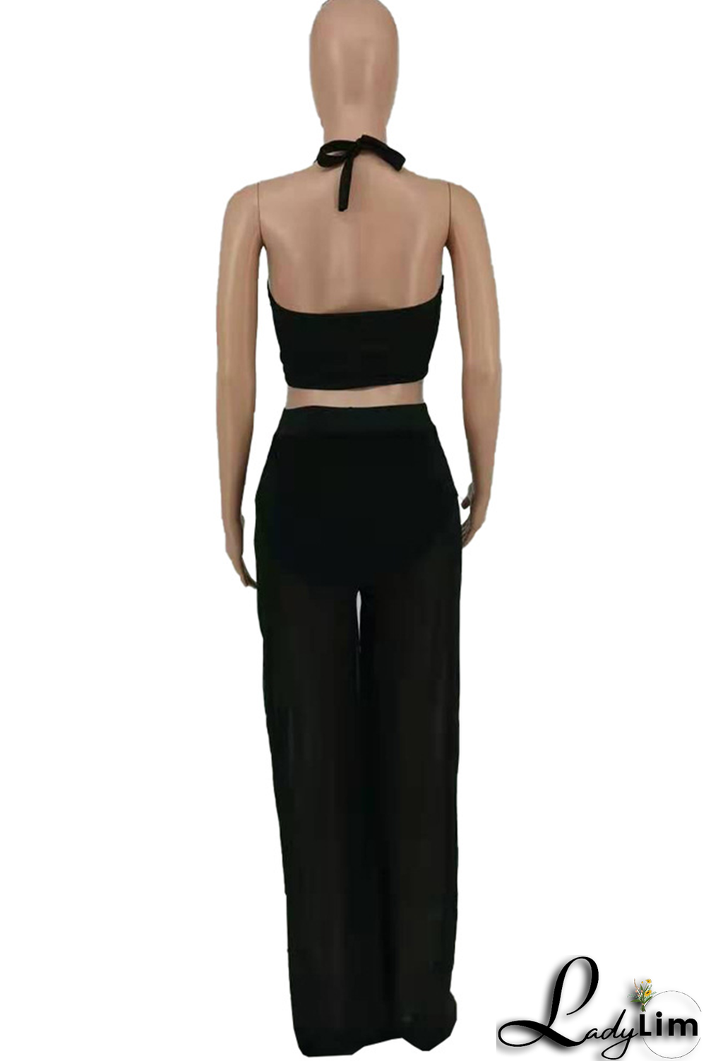 Red Fashion Solid Mesh Halter Sleeveless Two Pieces