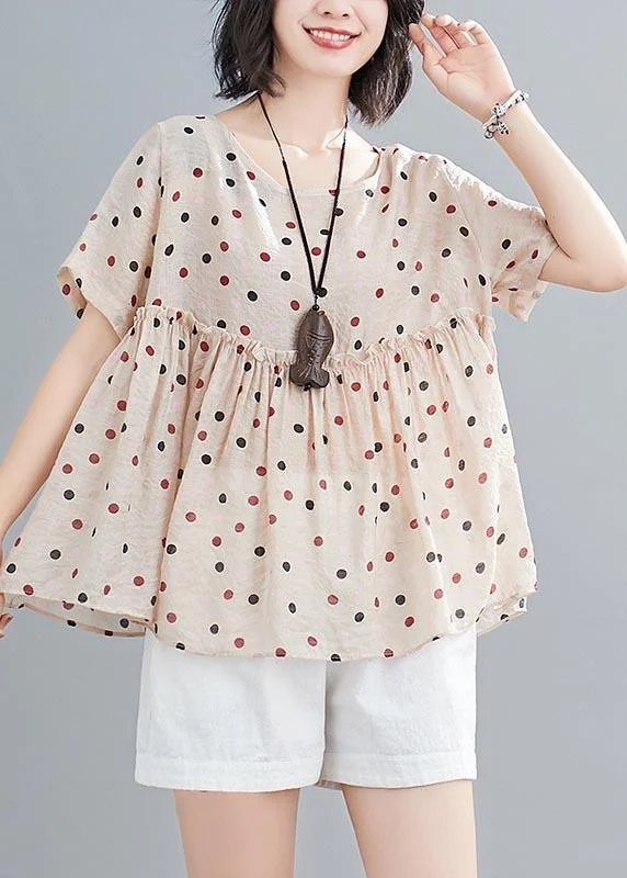 Fashion Beige Dot Cotton Linen Blouse Top Summer