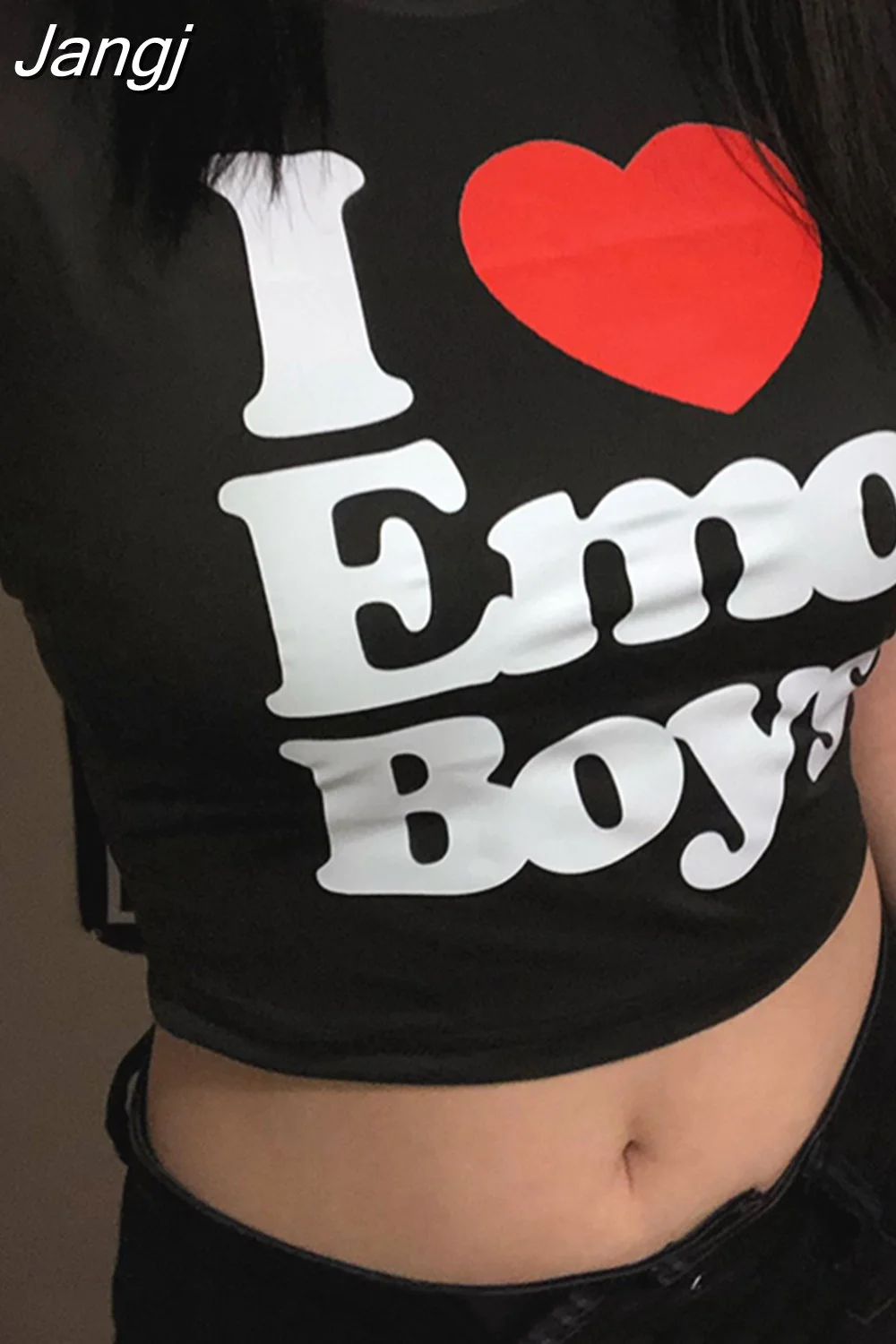 Jangj Cute Baby Tee Vintage Women I Love Emo Boy Print Casual Punk Streetwear Grunge T-shirt Y2k Clothes Gothic Emo Crop Top
