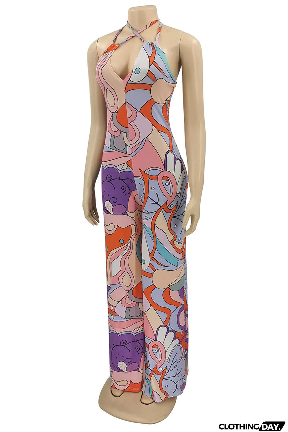 Pink Sexy Print Patchwork Halter Straight Jumpsuits