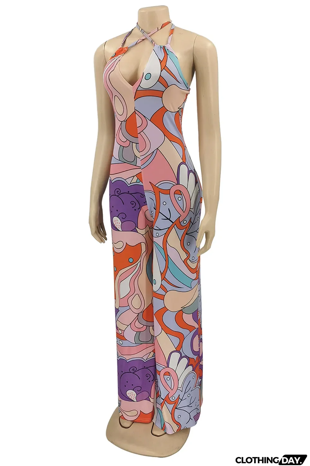 Pink Sexy Print Patchwork Halter Straight Jumpsuits