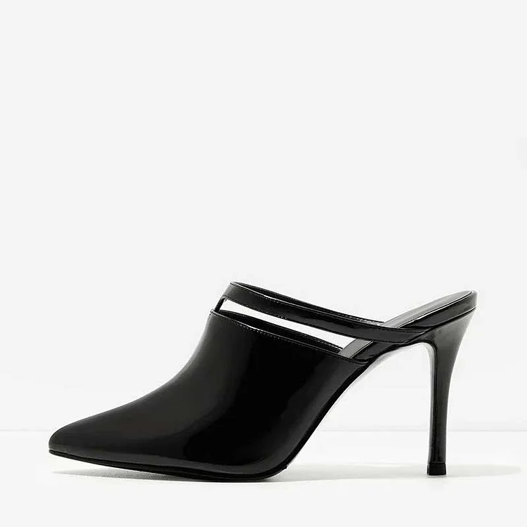Black Patent Leather Pointy Toe Cut Out Stiletto Heels Mules |FSJ Shoes