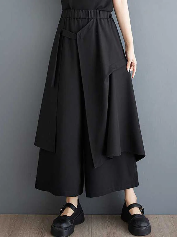 Solid Color Pockets Elasticity Wide Leg Loose Trousers Ninth Pants