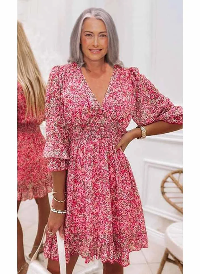 Mid-Length Dress Pullover Print Short Sleeve Puff Sleeve Mid-Waist Floral Dress VangoghDress