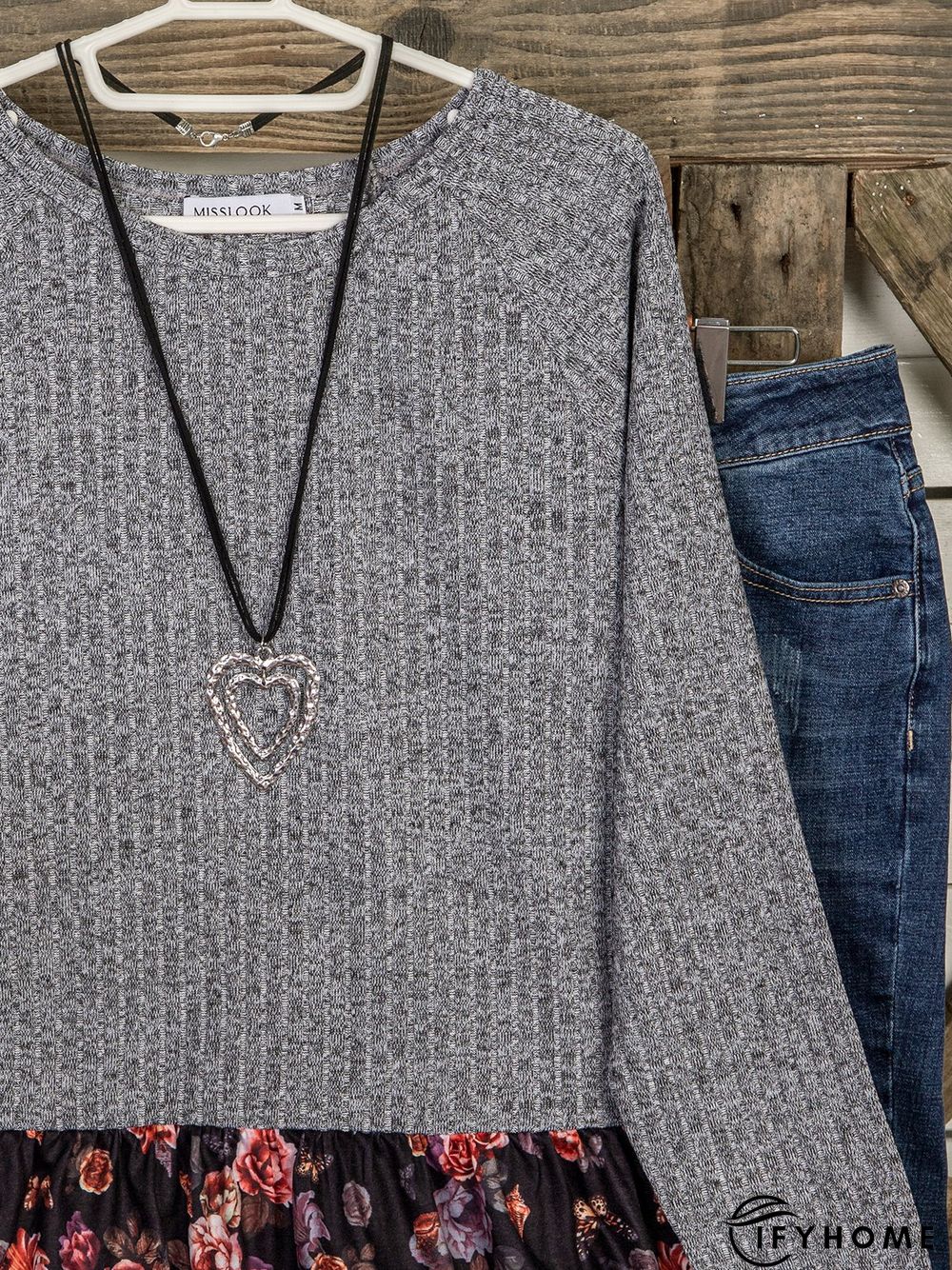 Vintage Color-Block Floral Printed Plus Size Crew Neck Long Sleeve Casual Tops | IFYHOME