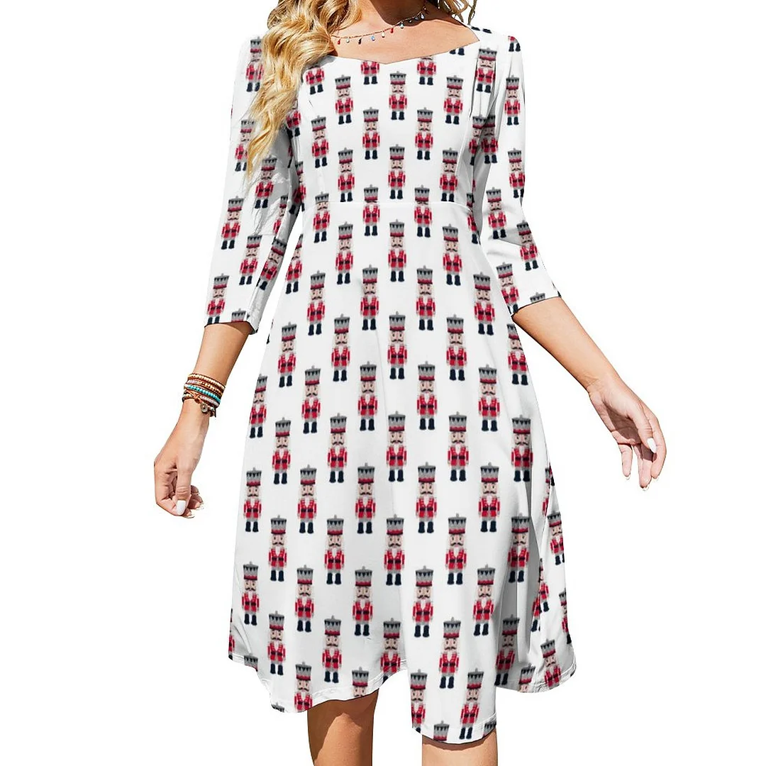 Red Christmas Nutcracker Ballet Dress Sweetheart Tie Back Flared 3/4 Sleeve Midi Dresses