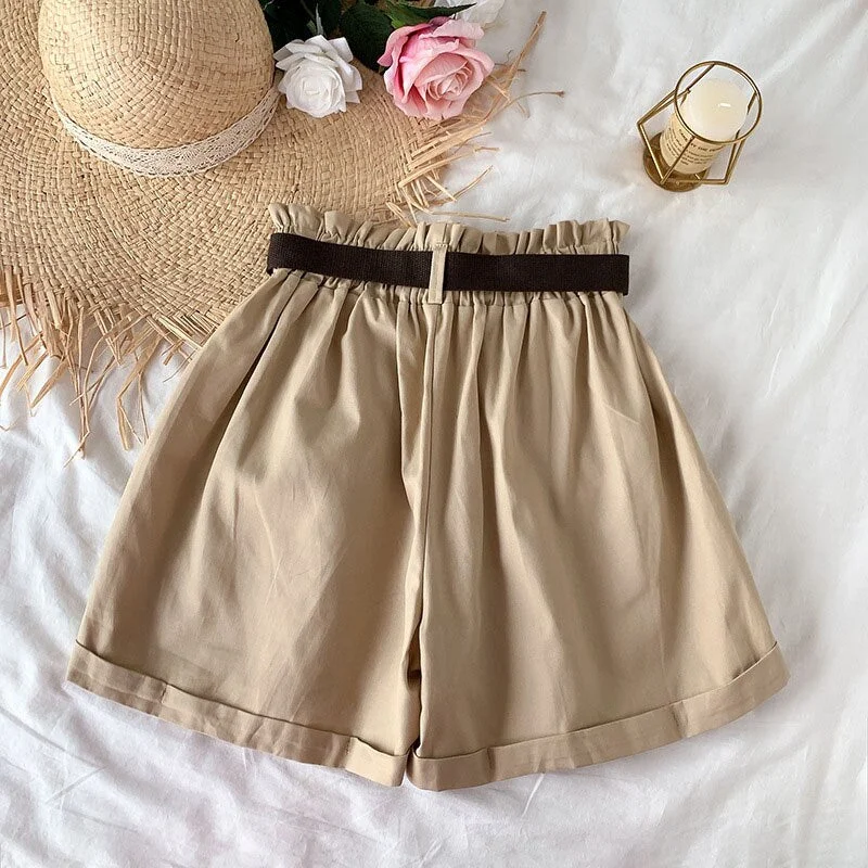 Women Casual High Waist Loose Cotton Short Pants 2022 Summer Elegant Sweet Girls All-Match Wide Leg Shorts With Belt Korean
