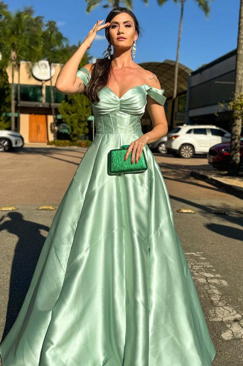 Lussooy Dusty Sage Beautiful Satin Off the Shoulder Strapless Sweetheart A Line Prom Dress with Pleated 