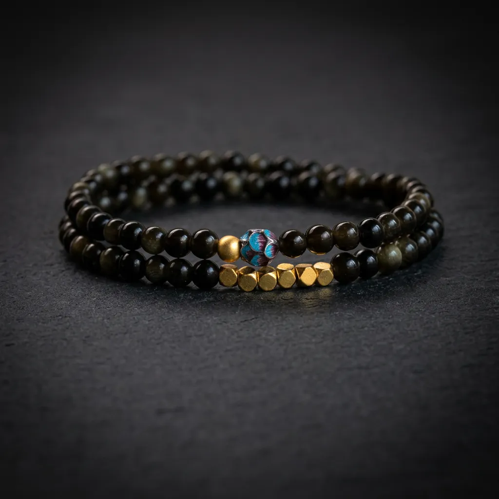 JiStones Obsidian Lotus Double-Loop Bracelet | Ethereal Balance & Protection Midnight Lotus (Fits 16-17cm Wrist)-Standard Fit