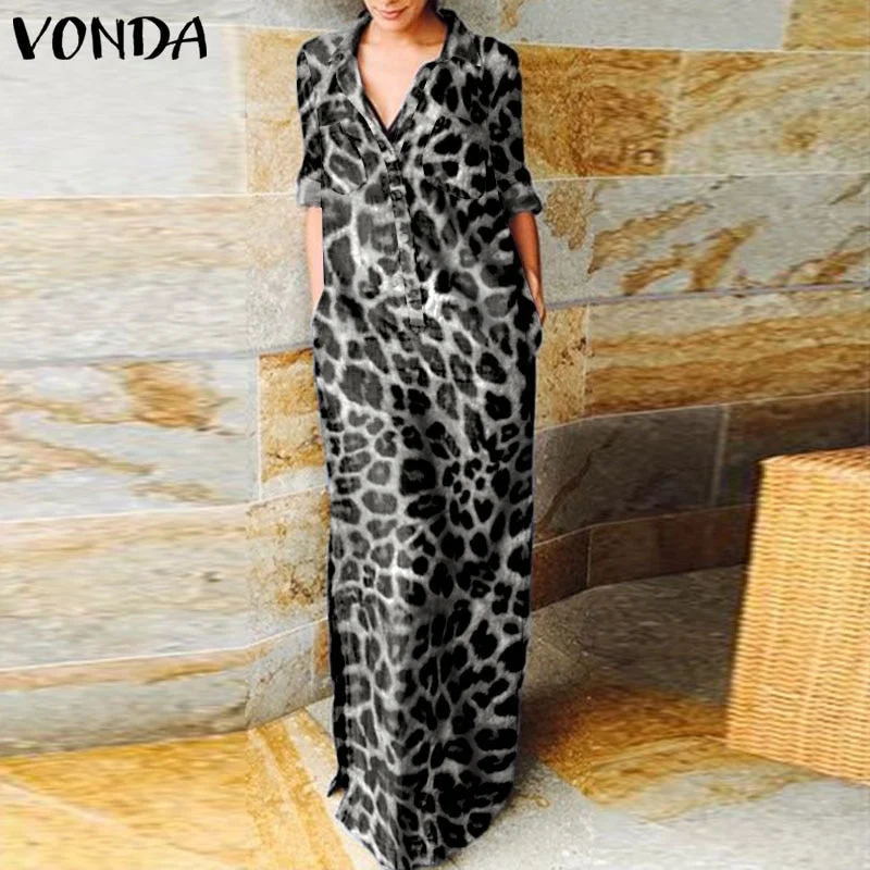 Demin Sundress 2022 Women Casual Turn Down Neck Long Sleeve Solid Dresses VONDA Loose Beach Sundress Bohemian Party Vestidos