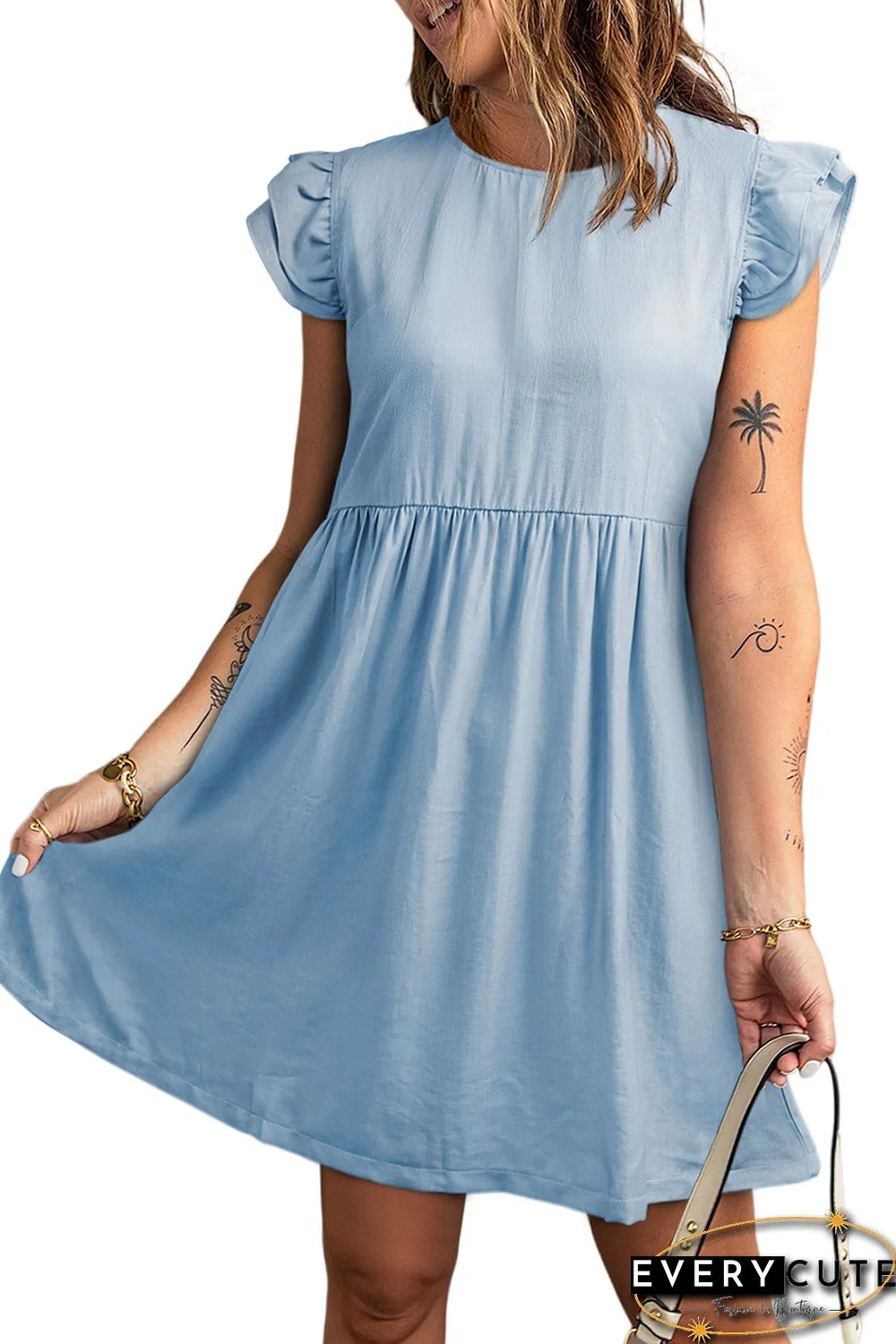 Flutter Sleeve Ruched Denim Casual Dress