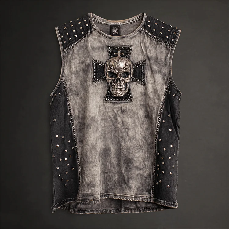 Men's Rock Skull Cross Studded Contrast Patchwork Tank Top