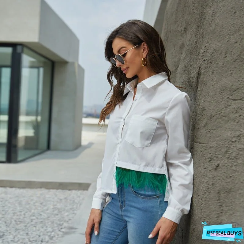 Back to school Casual Long Sleeve Feather Patchwork White Shirt Women Spring Button Up Lapel Chic Blouse Streetwear Simple Crop Top Oversized