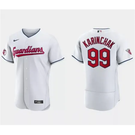 Men's Cleveland Guardians #99 James Karinchak White Flex Base Stitched Jersey