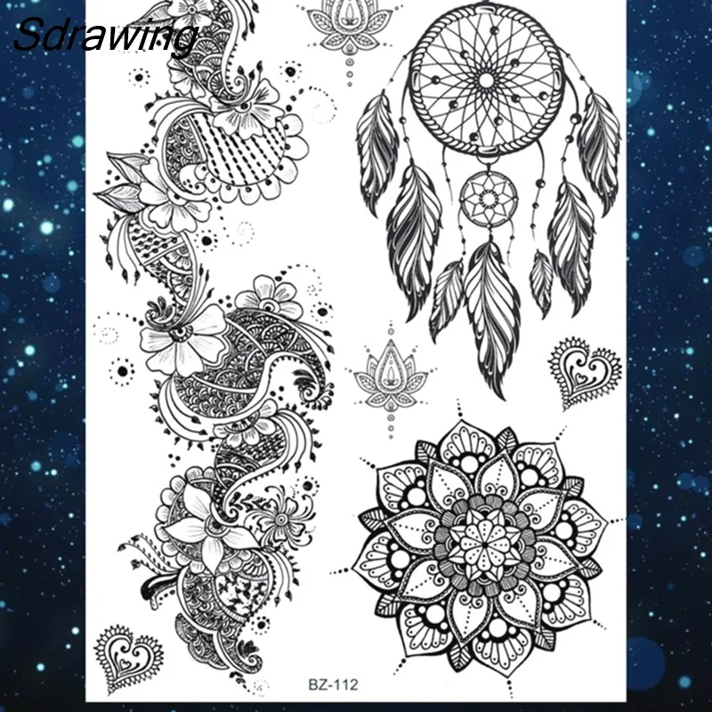Sdrawing Henna Temporary Tattoos For Women Girls Feather Butterfly DreamCatcher Fake Gem Tattoo Sticker Chest Arm Tatoos Tribal 328-1
