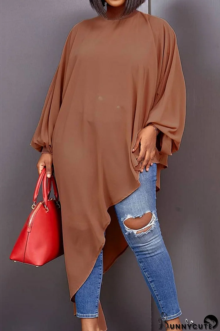 Brown Casual Solid Split Joint Asymmetrical Turtleneck Dresses