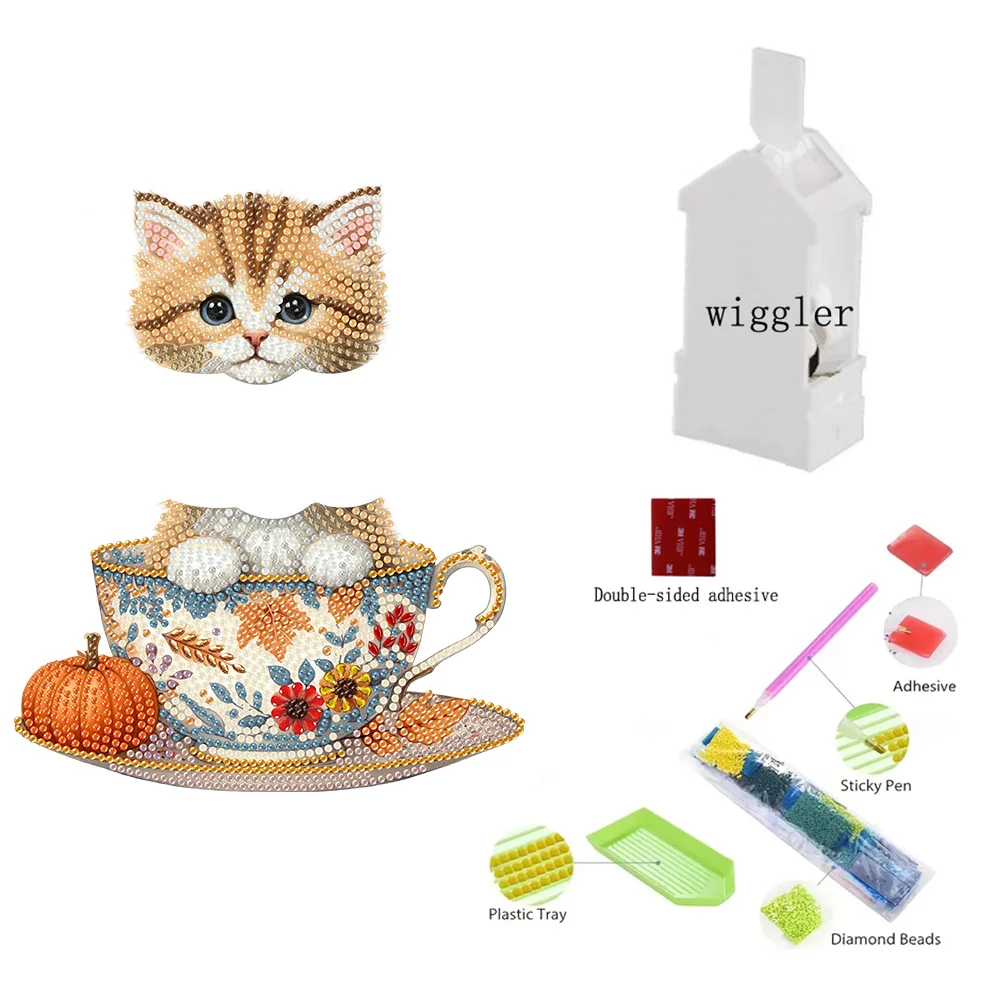 2D Flat Cat DIY Shaking Head Teacup Cat Diamond Painting Desktop Decorations