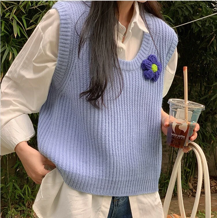 Wongn Japanese Green Flower Knitted Vest 2022 Autumn New V Simple Outwear Loose Twist Sweater Vest Crop Top