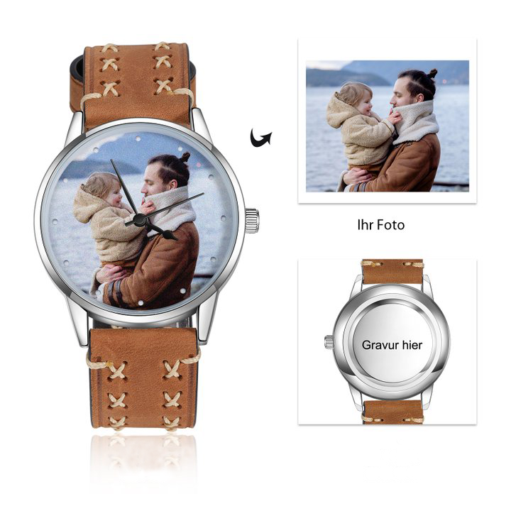 Kettenmachen Herren Personalisierte Foto & Text Leder Armbanduhr - Vatertag Geschenk