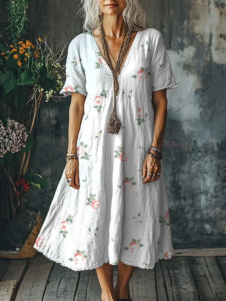 Women's  Flowers Art  Print Pocket Cotton Dress