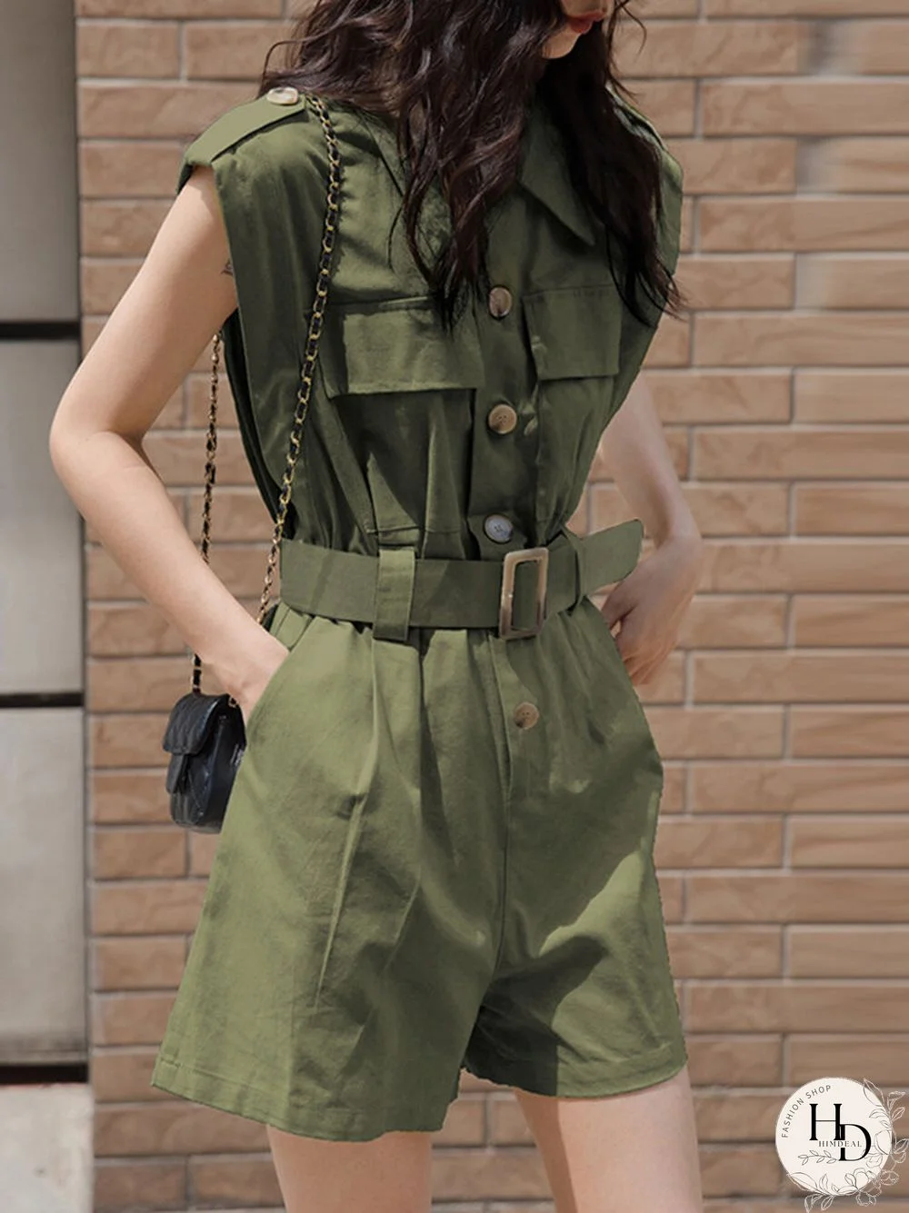 Solid Belt Pocket Button Lapel Short Sleeve Cargo Romper