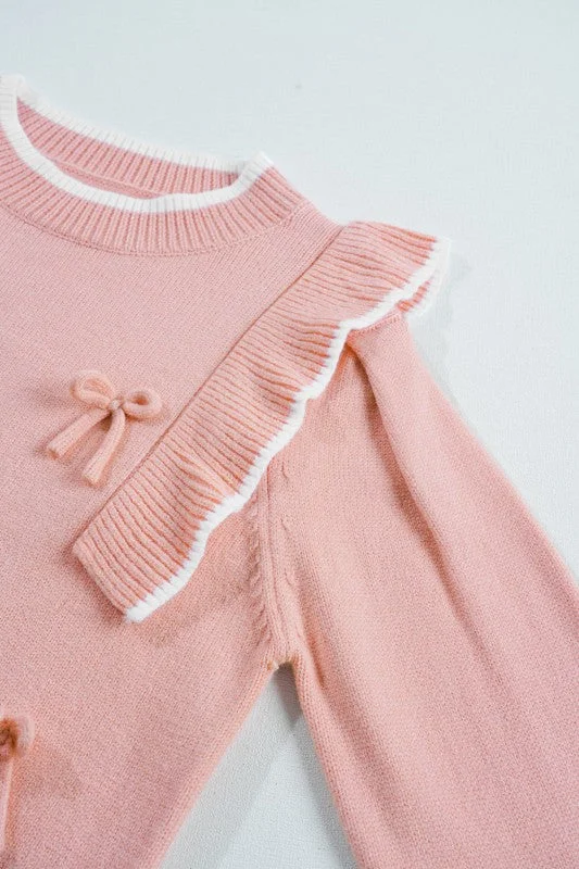 Ruffled Bowknot Ribbed Trim Long Sleeve Sweater
