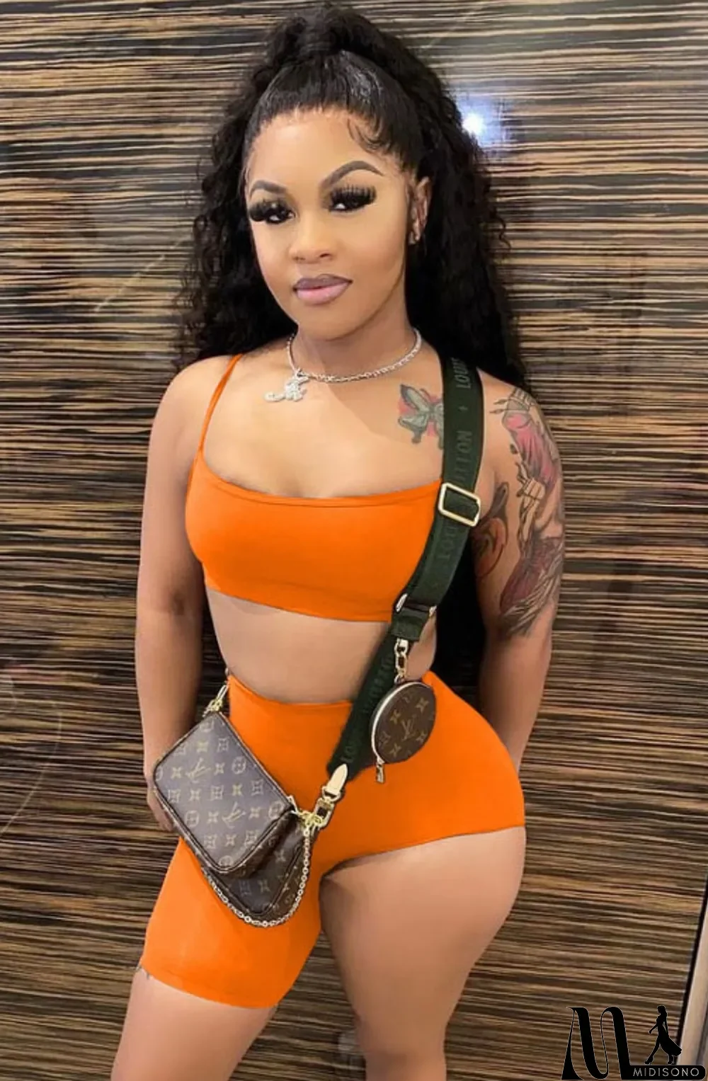 MidiSono - Summer Orange Sexy Strap Crop Top and Irregular Shorts 2PC Matching Set