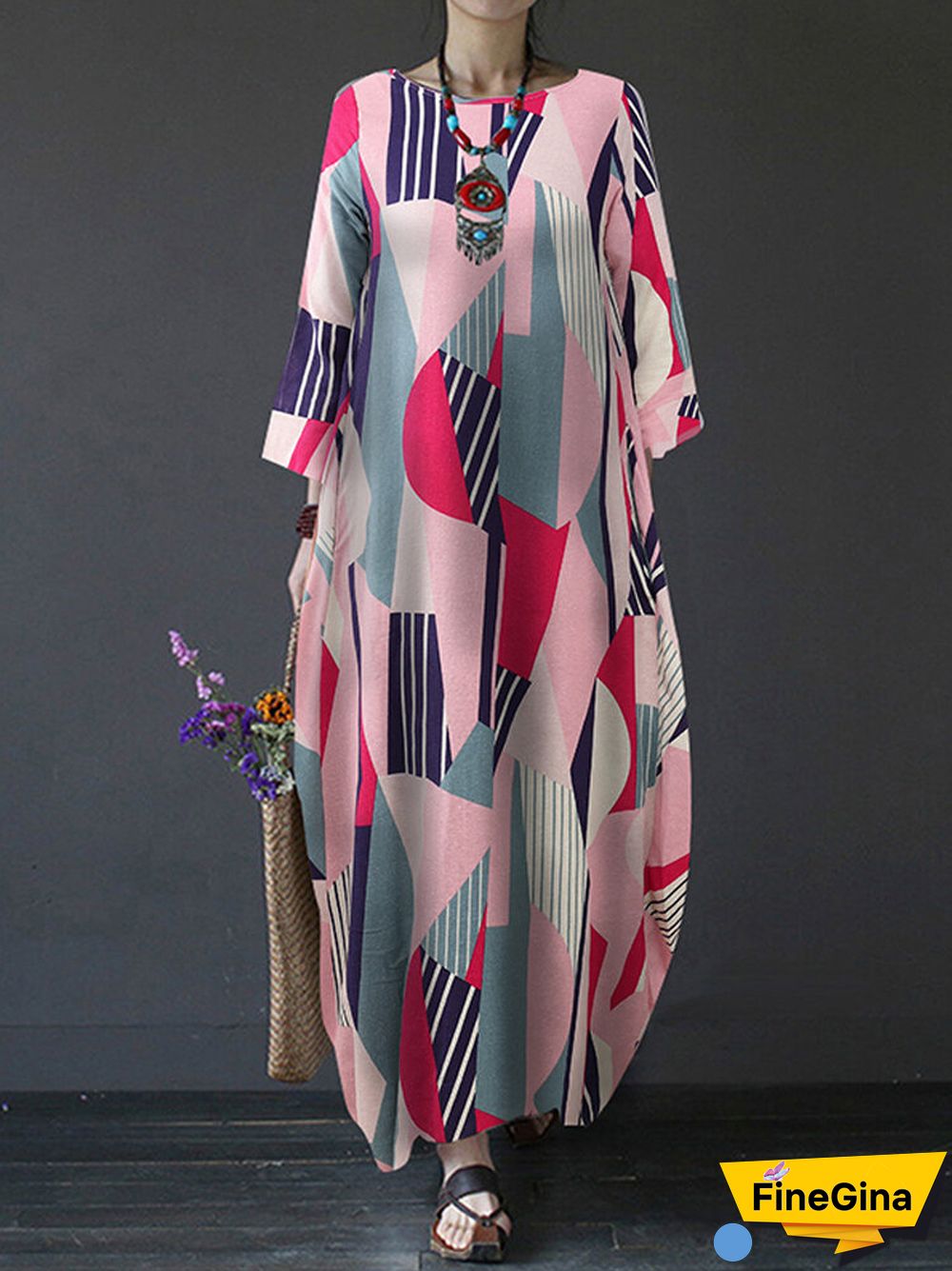 Contrast Color Geometric Print Long Sleeve Vintage Dress for Women