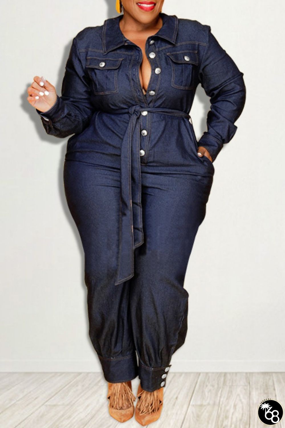 Casual Solid Patchwork Turndown Collar Plus Size Jumpsuits | 168DEAL