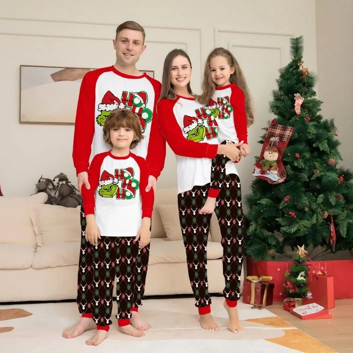 'Ho Ho Ho' Christmas Grinch Cartoon Print Grinch Family Matching Pajamas