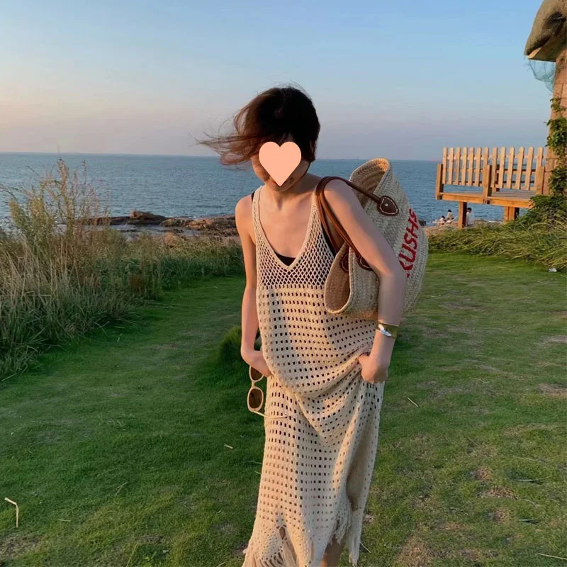 Ueong Summer New French Retro Niche Design Sense Knit Braided Sling Dress Travel Vacation Dress