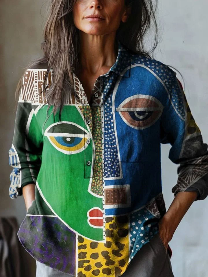 Women's Abstract Face Art Print Casual Cotton And Linen Shirt