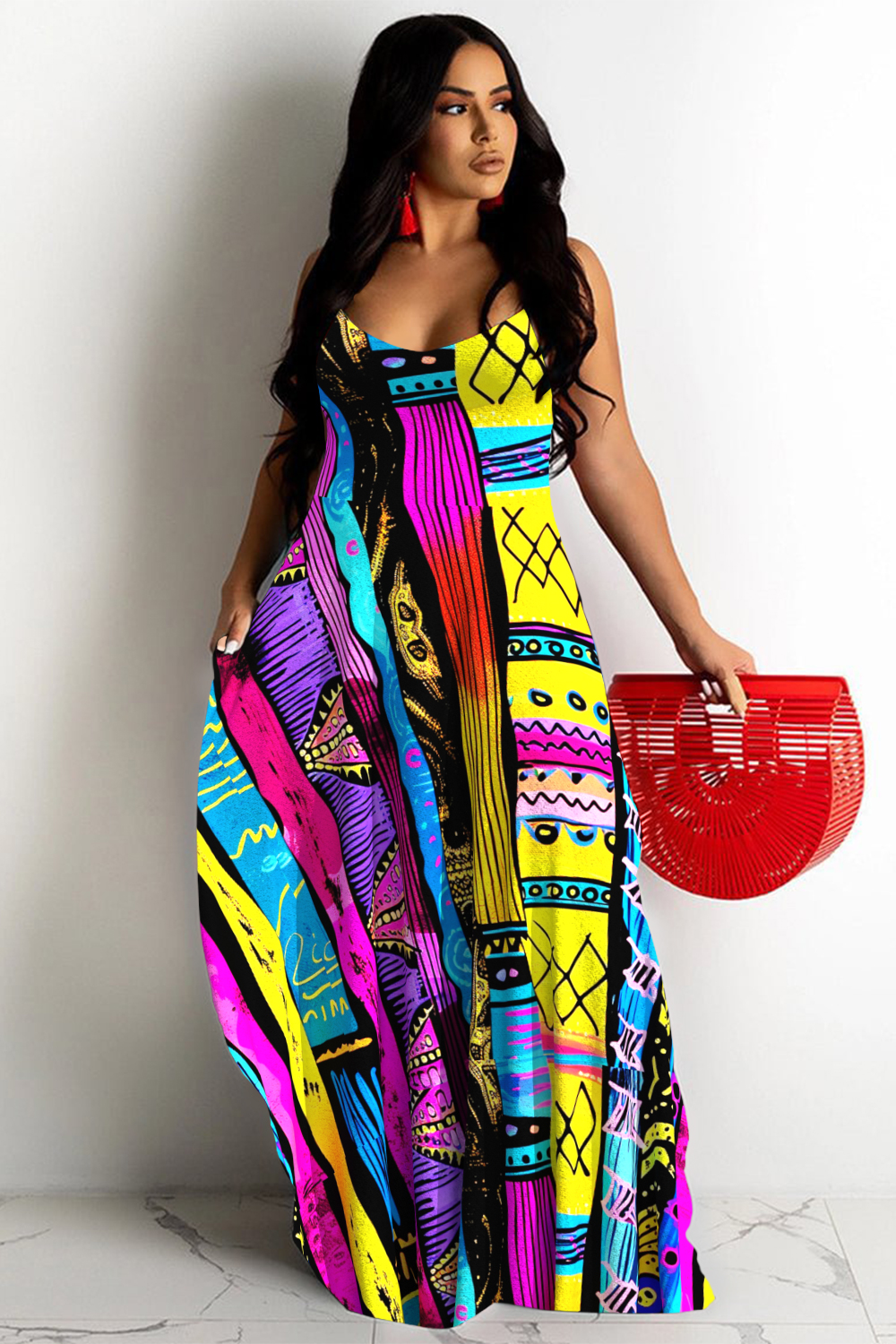 Design Plus Size Vacation Multicolor Ankara V Neck Cami Pocket Maxi Dresses [Pre-Order]