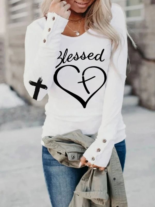 Blessed Cross Heart Printed Long-Sleeves