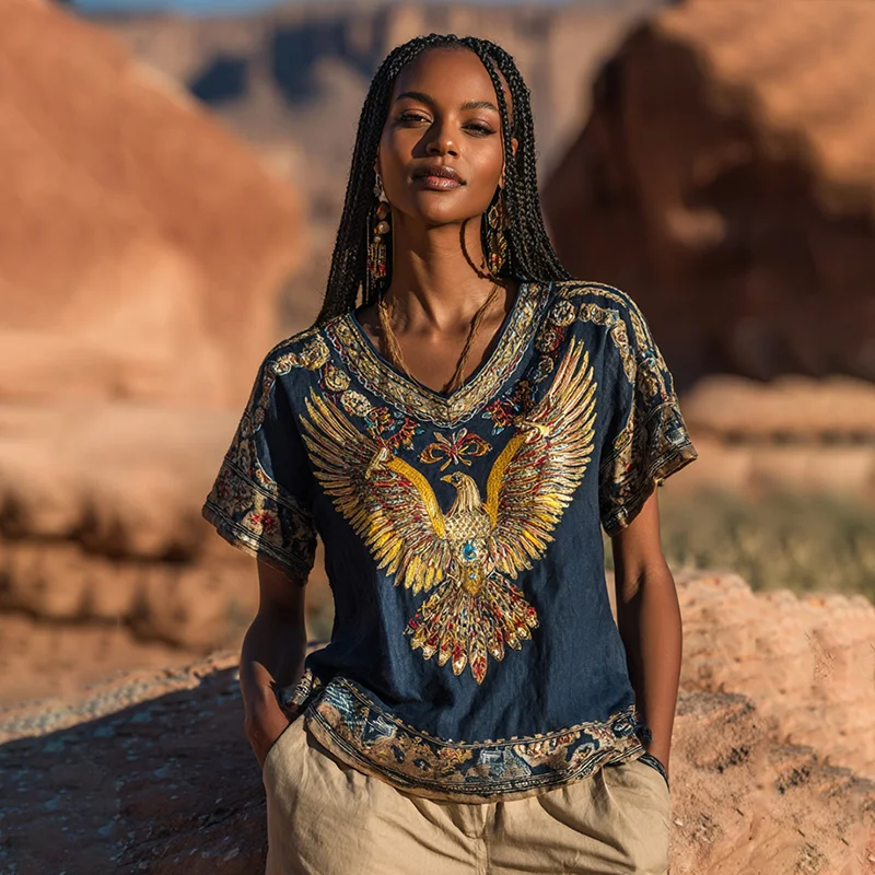 Vintage Egyptian Bennu Pattern Women's Linen Loose T-shirt