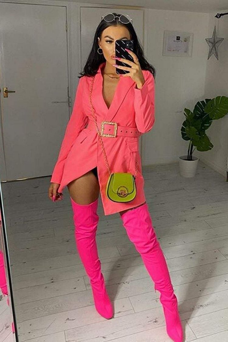 Pink Blazer Dress With Gold Buckle Belt - Kira Katch Me
