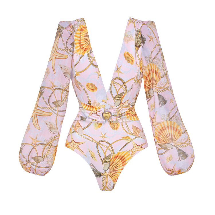 Long-sleeved Pink Starfish Shell Print One Piece Swimsuit and Skirt