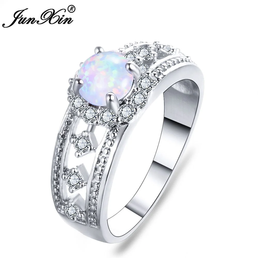 JUNXIN Luxury White Fire Opal Stone Ring Fashion Simple Round Finger Ring Vintage Wedding Rings For Men And Women