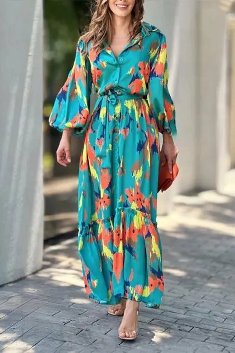Fashionable and Elegant Commuting Waist Long Sleeve Printed Maxi Dress