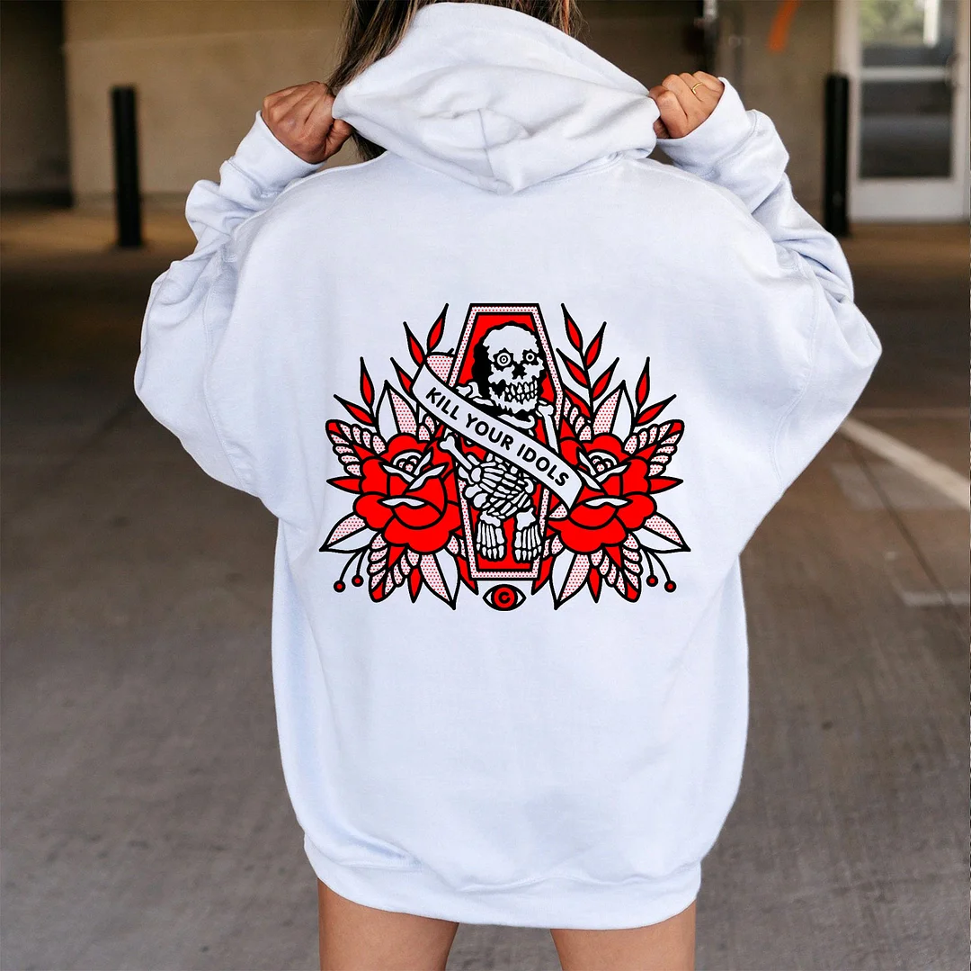 KILL YOUR IDOLS Skull Casual Graphic  White Print Hoodie