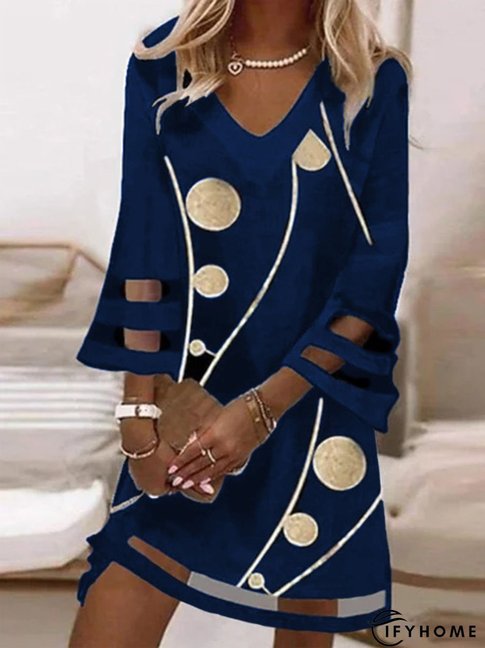 Casual Geometric V neck Three Quarter Loose Dress | IFYHOME