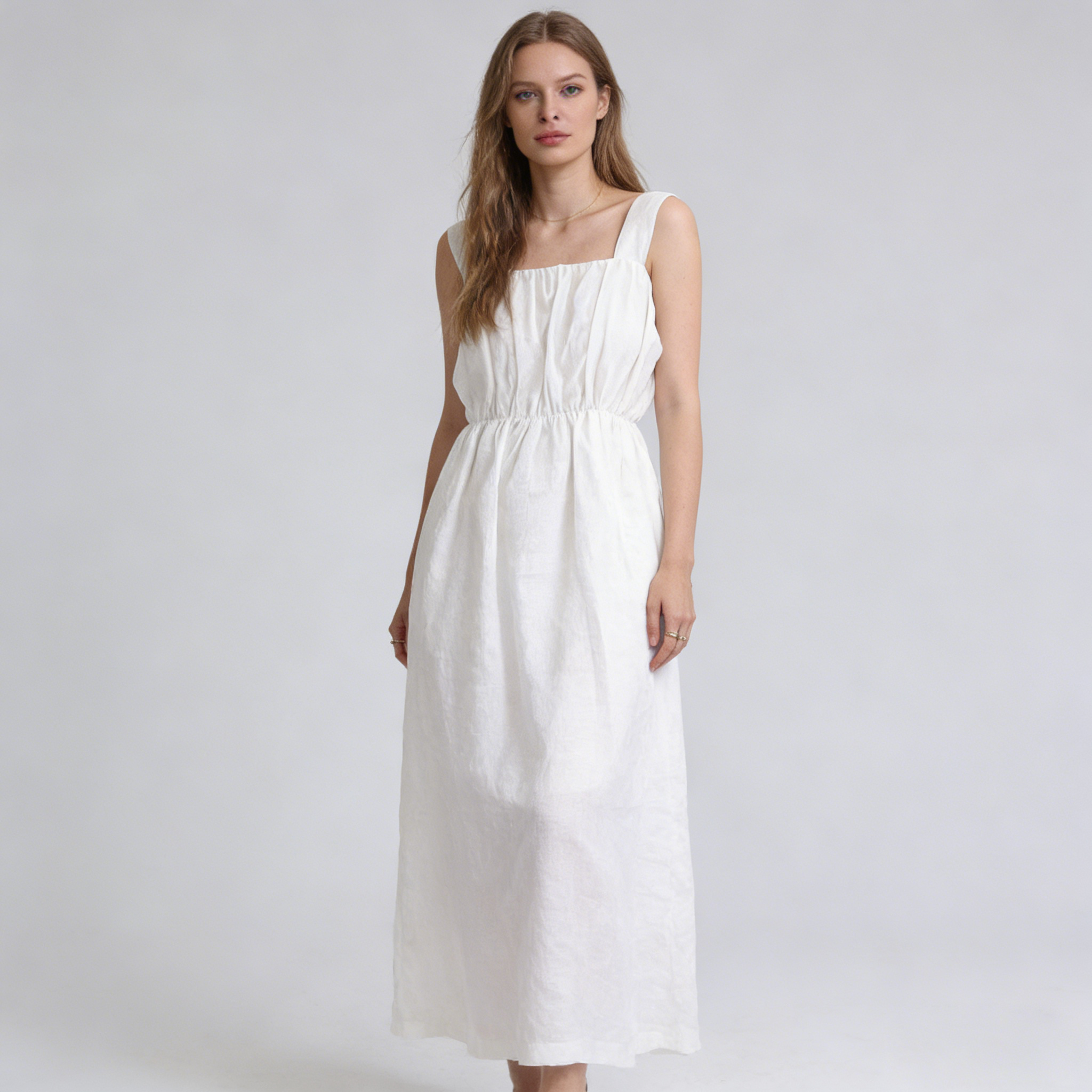Linen Midi Dress Women 100% Linen Square Neck Wide Strap Summer Dress REAL SILK LIFE