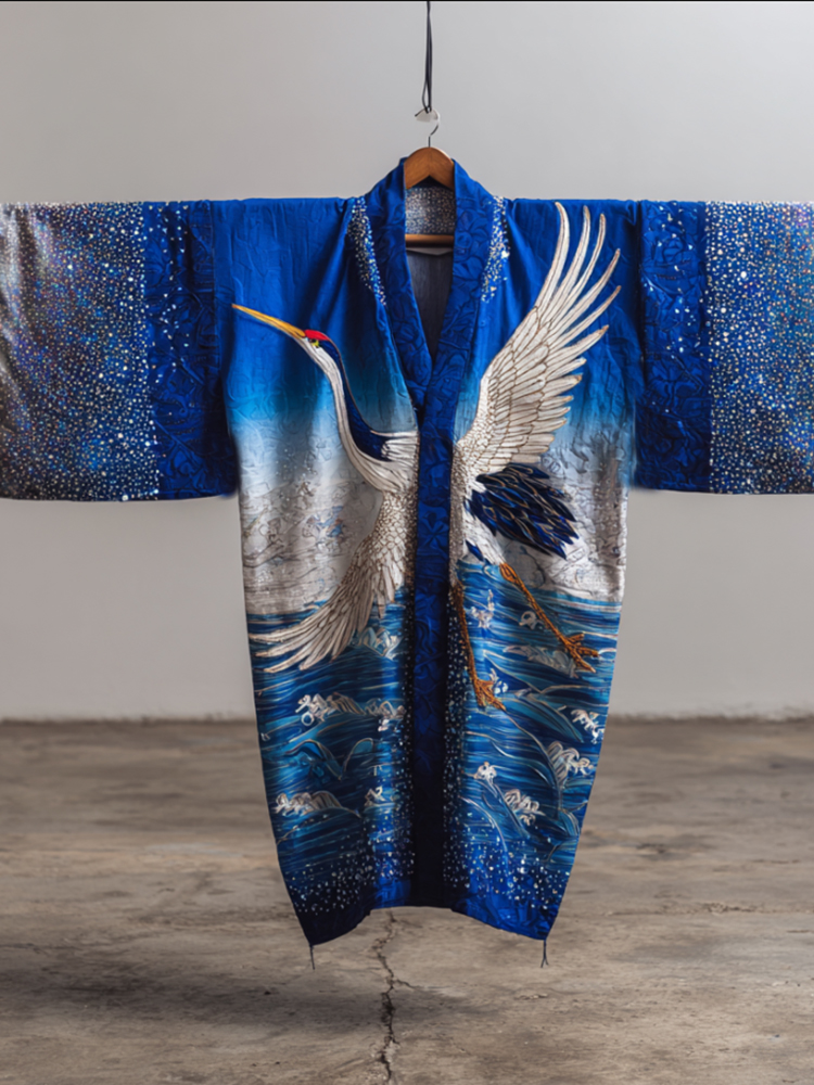 Japanese-style Flying Crane And Ocean Sequin Art Flowing Kimono  artssus