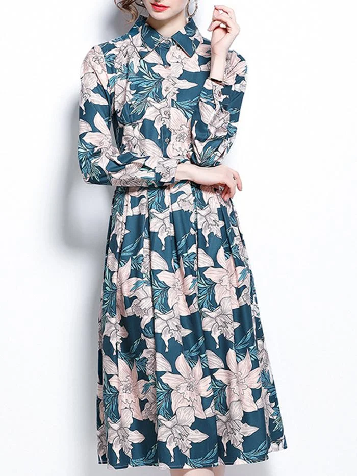 Fashion Lapel Printed Long Sleeve Dress