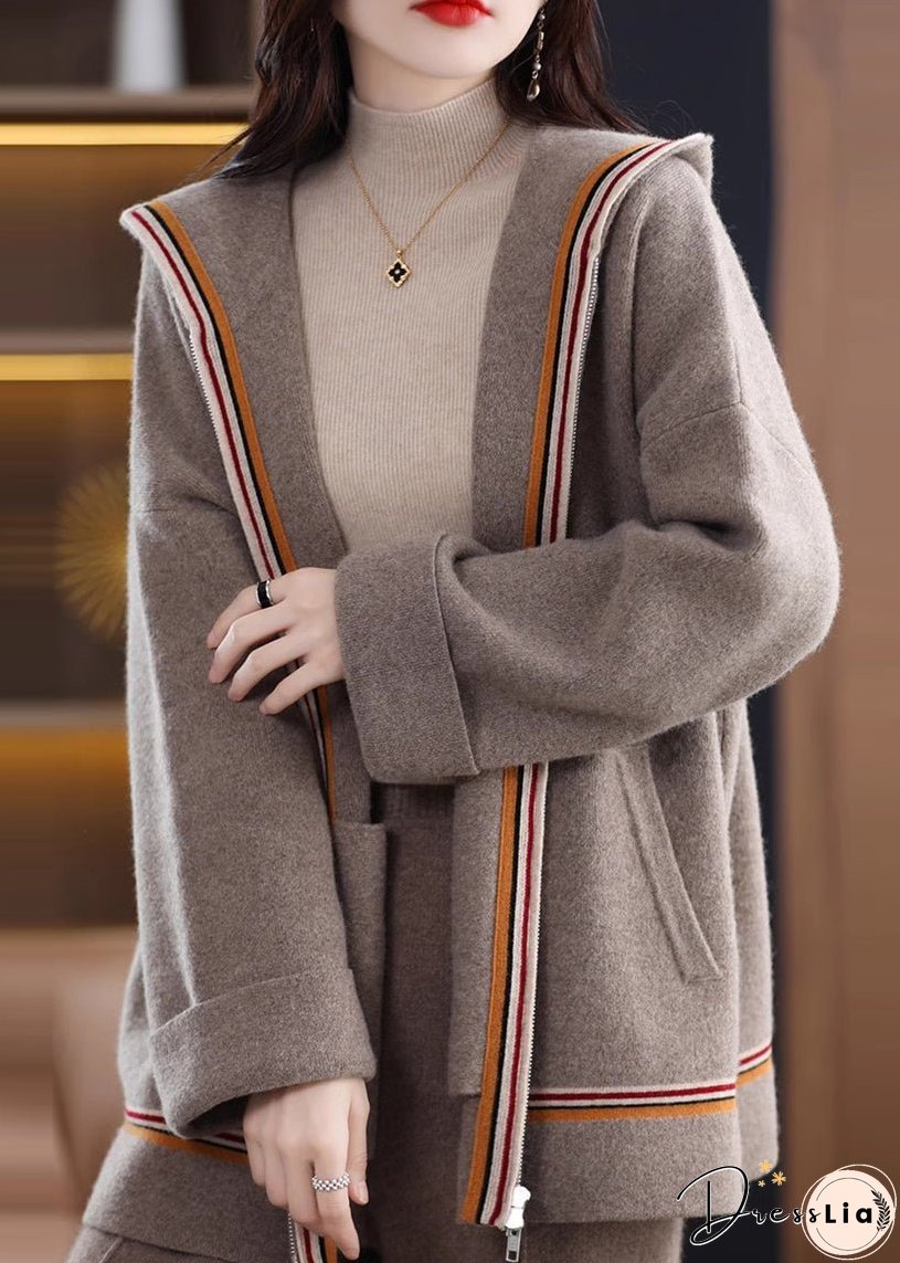 Women Camel Pockets Cashmere Hooded Cardigans Fall