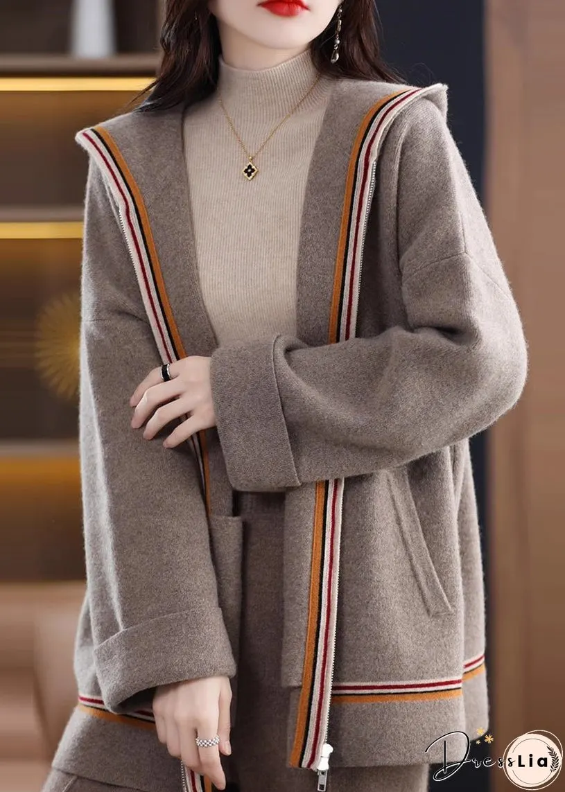 Women Camel Pockets Cashmere Hooded Cardigans Fall