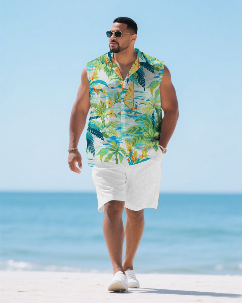 Hawaiian Men's Plus Size-Hand Painted Plant Vacation Print Tucked Shirt Shorts Suit