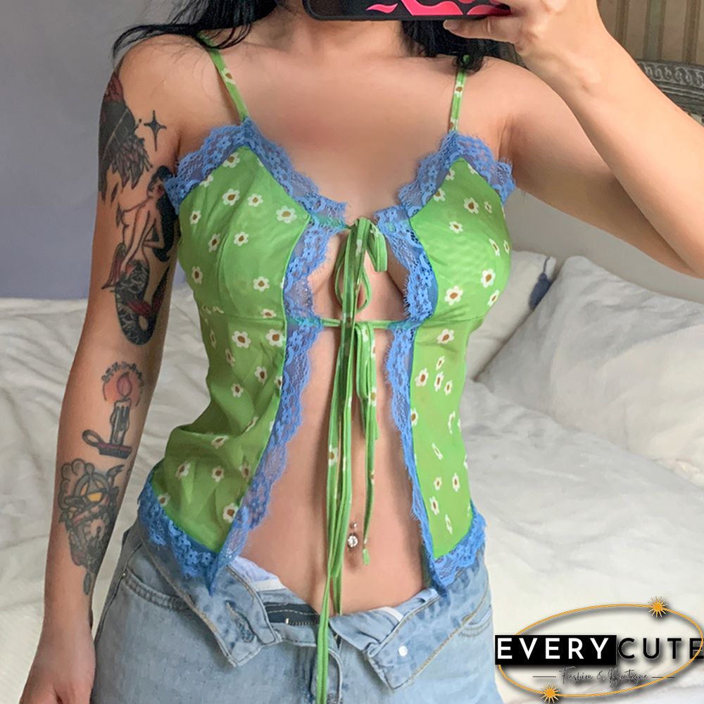Hollow Out Lace Trim Top Sexy Cute Fairycore Green Summer Cropped Tops Y2k Floral Print Kawaii V Neck Tie Up Cami