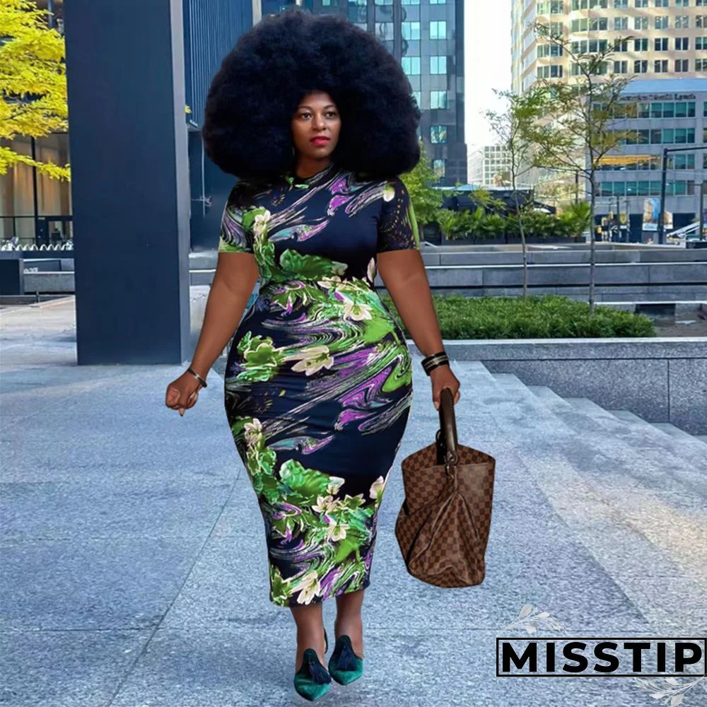 Floral Print Short Sleeve Vintage Plus Size Dresses